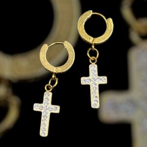 2 Pz Cerchi Lobo Con Pendente Croce Acciaio Chirurgico colore Oro