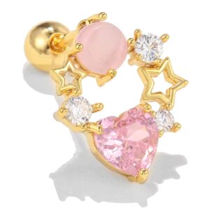 1 Pz. Piercing Da Orecchio Stelle E Cuori Con Zirconi Acciaio Chirurgico Colore Oro